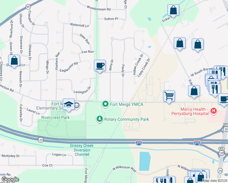 map of restaurants, bars, coffee shops, grocery stores, and more near 532 Nora Drive in Perrysburg