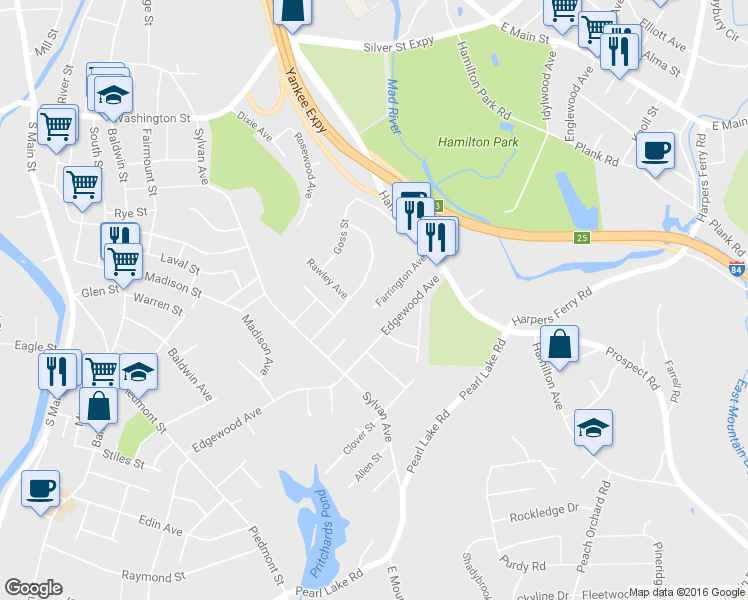 map of restaurants, bars, coffee shops, grocery stores, and more near 118 Farrington Avenue in Waterbury