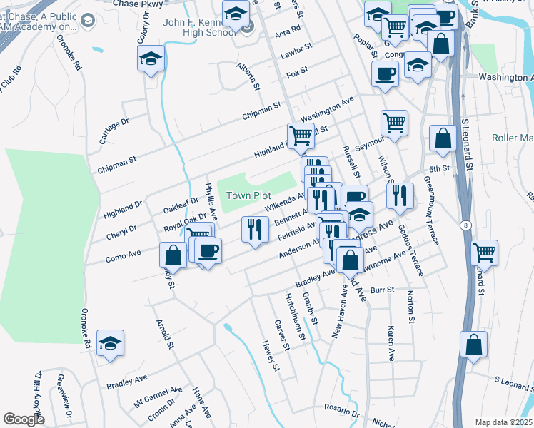 map of restaurants, bars, coffee shops, grocery stores, and more near 117 Wilkenda Avenue in Waterbury