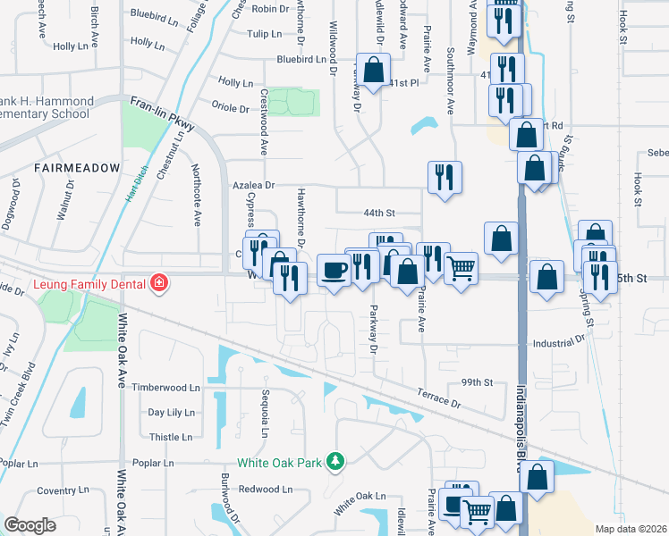 map of restaurants, bars, coffee shops, grocery stores, and more near 2003 45th Street in Highland