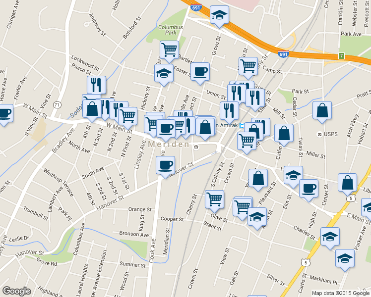 map of restaurants, bars, coffee shops, grocery stores, and more near 82 West Main Street in Meriden
