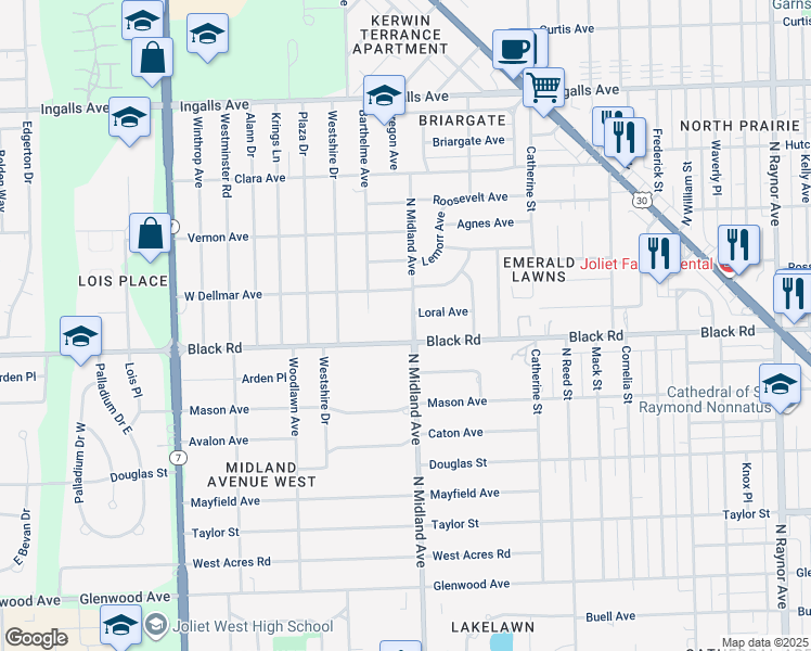 map of restaurants, bars, coffee shops, grocery stores, and more near 1415 Black Road in Joliet