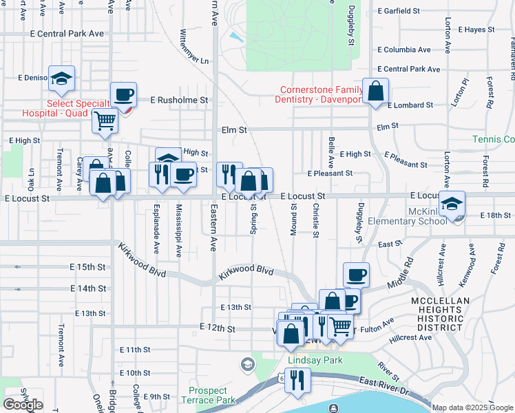 map of restaurants, bars, coffee shops, grocery stores, and more near 1803 Spring Street in Davenport