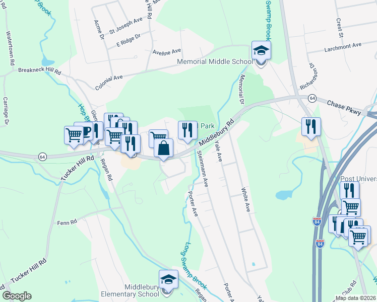 map of restaurants, bars, coffee shops, grocery stores, and more near 331 Middlebury Road in Middlebury