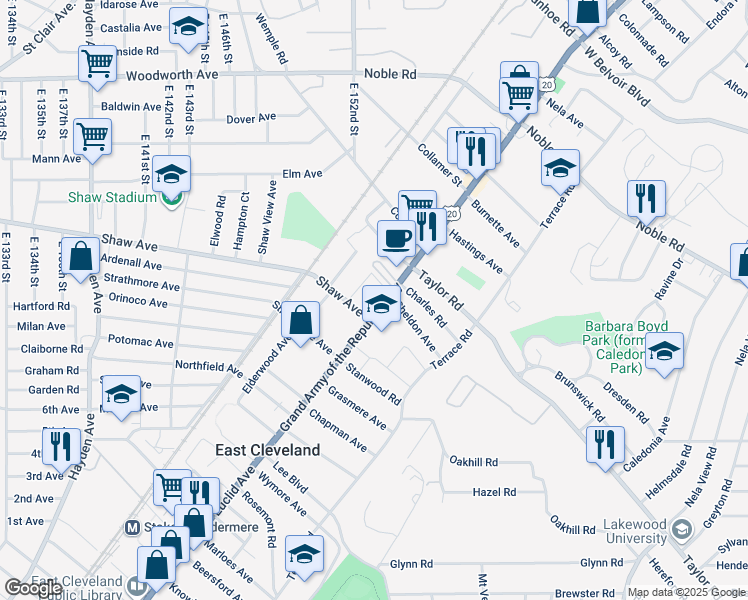 map of restaurants, bars, coffee shops, grocery stores, and more near 15317 U.S. 6 in East Cleveland