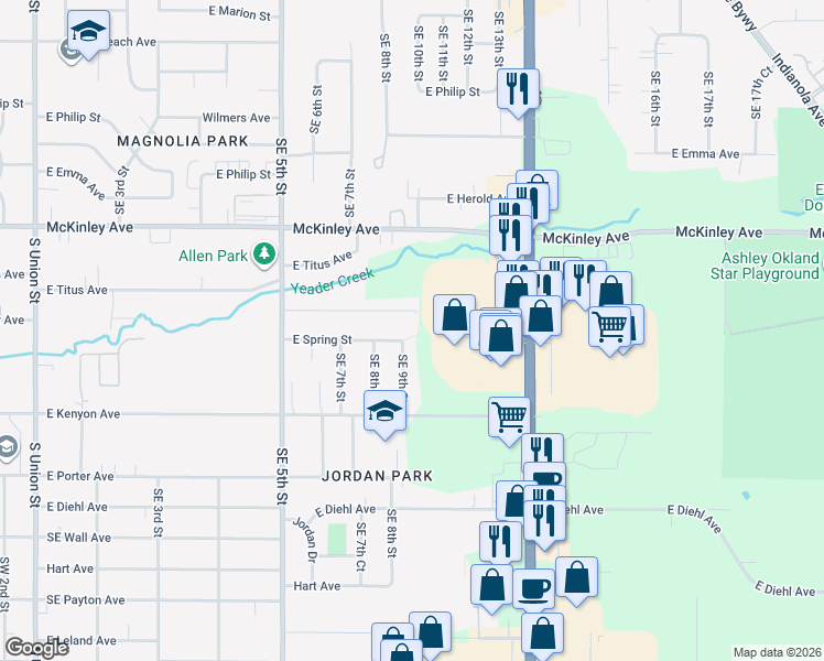 map of restaurants, bars, coffee shops, grocery stores, and more near 904 East Spring Street in Des Moines