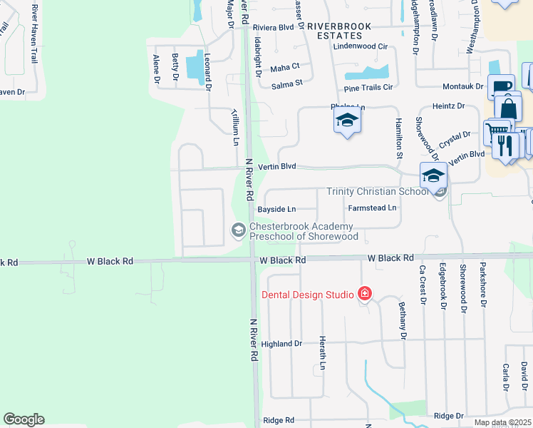 map of restaurants, bars, coffee shops, grocery stores, and more near 1111 Bayside Lane in Shorewood