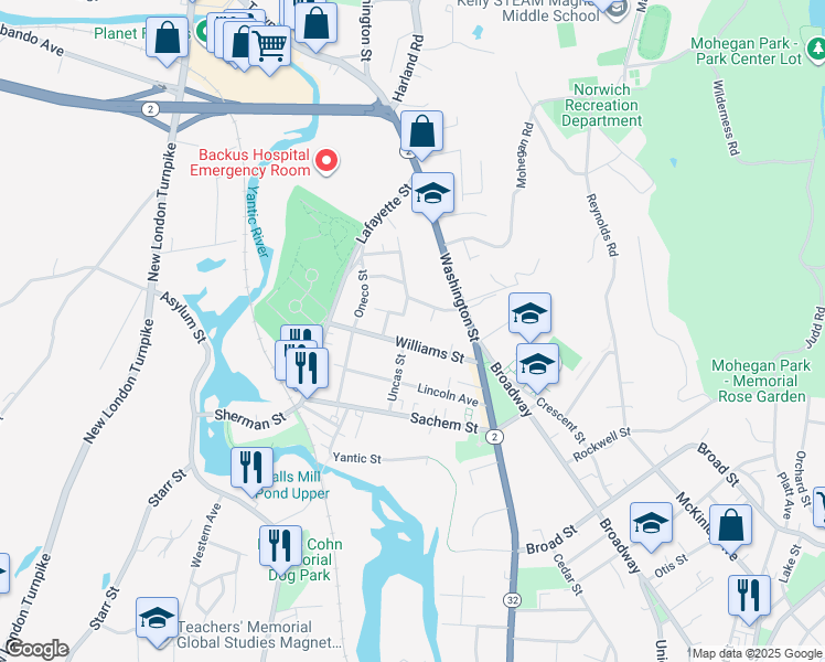 map of restaurants, bars, coffee shops, grocery stores, and more near 1 Linden Parkway in Norwich