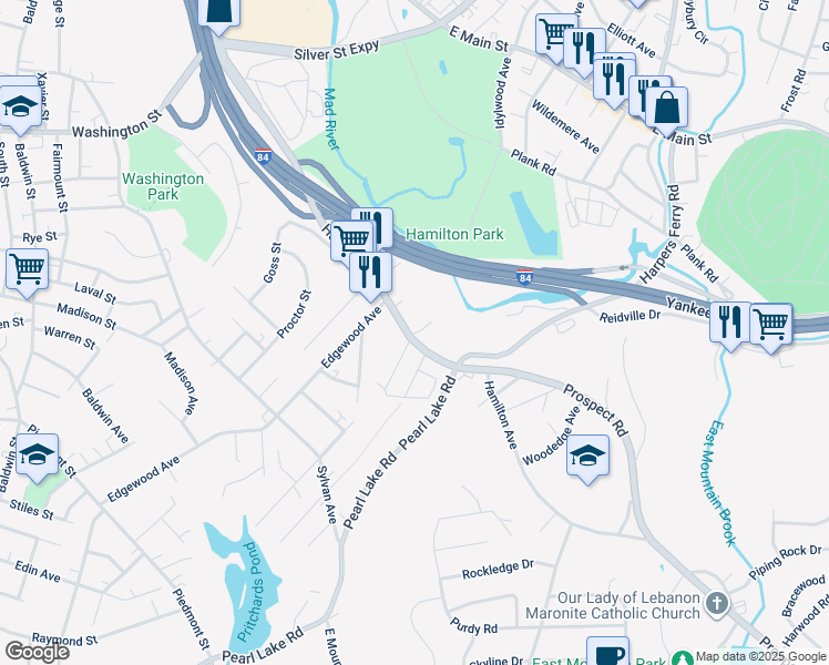map of restaurants, bars, coffee shops, grocery stores, and more near 921 Hamilton Avenue in Waterbury