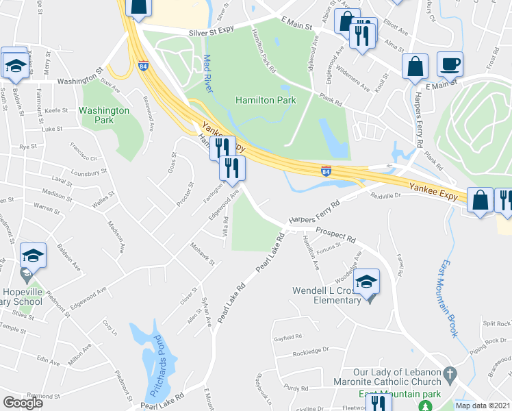 map of restaurants, bars, coffee shops, grocery stores, and more near 921 Hamilton Avenue in Waterbury