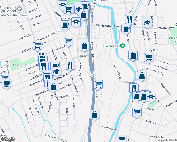 map of restaurants, bars, coffee shops, grocery stores, and more near 281 South Leonard Street in Waterbury