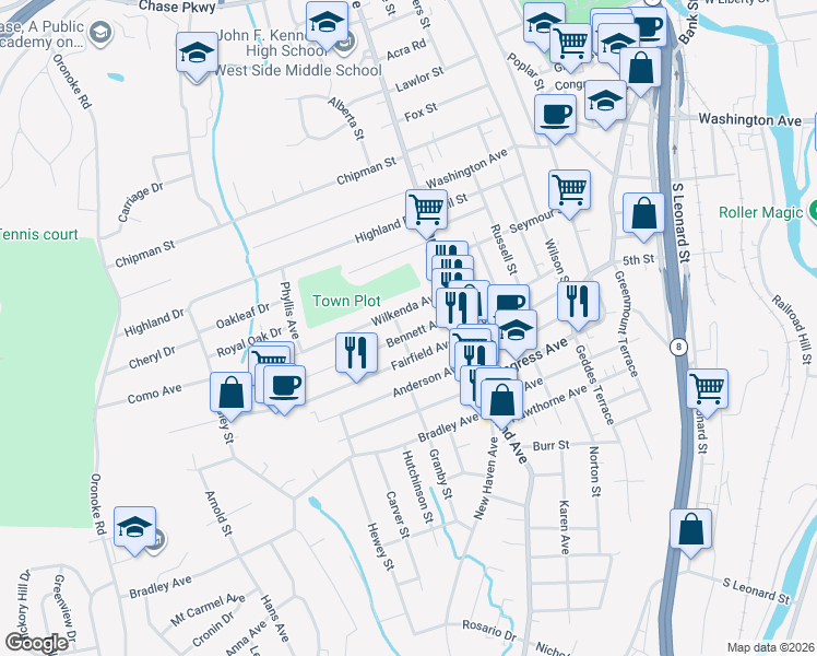 map of restaurants, bars, coffee shops, grocery stores, and more near 46 Bennett Avenue in Waterbury