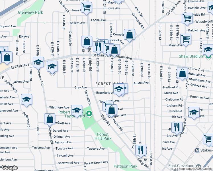 map of restaurants, bars, coffee shops, grocery stores, and more near 703 East 124th Street in Cleveland