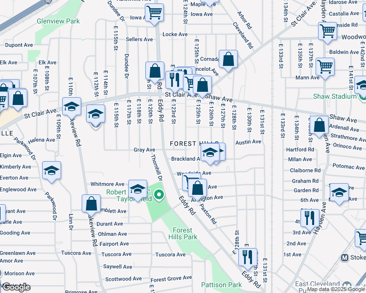 map of restaurants, bars, coffee shops, grocery stores, and more near 703 East 124th Street in Cleveland