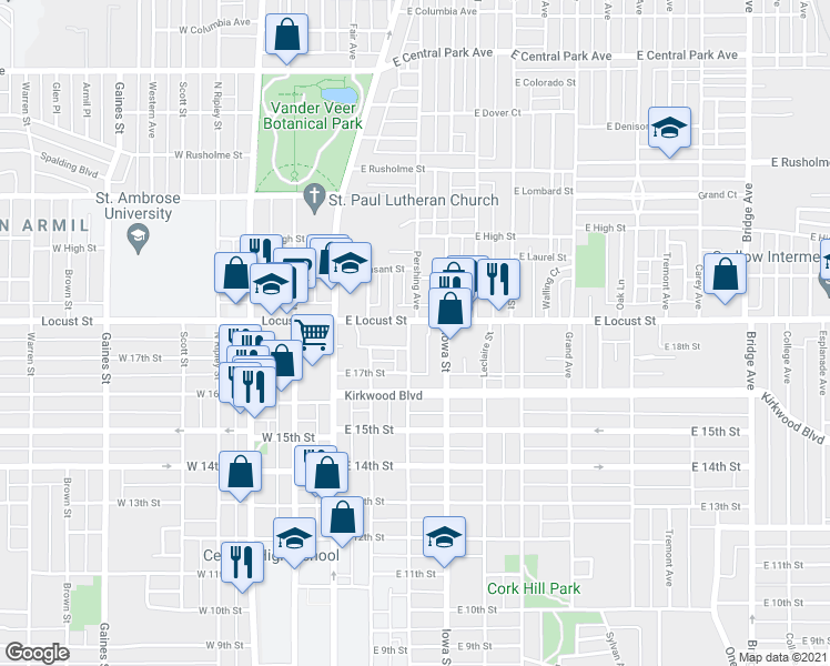 map of restaurants, bars, coffee shops, grocery stores, and more near 225 East Locust Street in Davenport