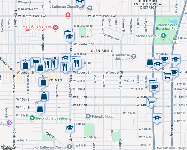 map of restaurants, bars, coffee shops, grocery stores, and more near 1023 Locust Street in Davenport