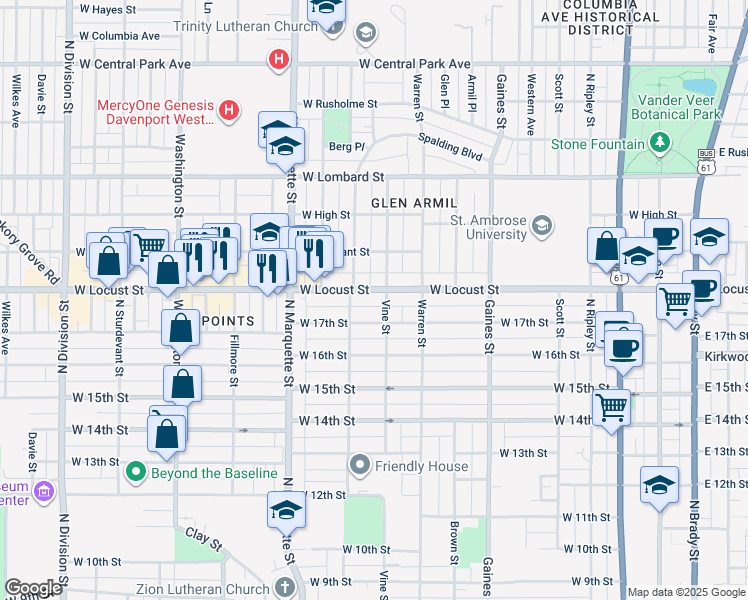 map of restaurants, bars, coffee shops, grocery stores, and more near 1023 Locust Street in Davenport