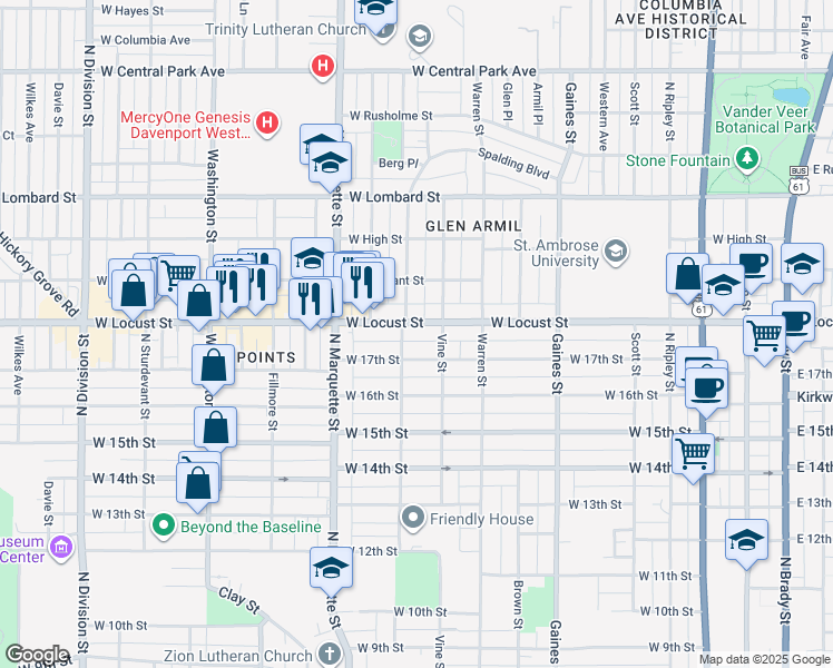 map of restaurants, bars, coffee shops, grocery stores, and more near 1023 Locust Street in Davenport