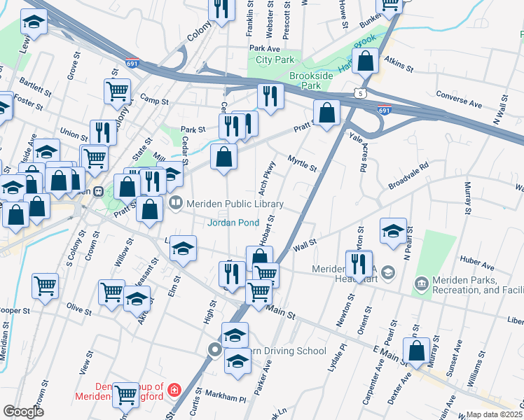 map of restaurants, bars, coffee shops, grocery stores, and more near 53 Arch Street in Meriden