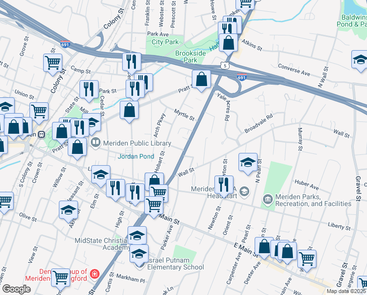 map of restaurants, bars, coffee shops, grocery stores, and more near 684 U.S. 5 in Meriden