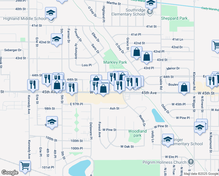 map of restaurants, bars, coffee shops, grocery stores, and more near 9635 Saric Court in Highland