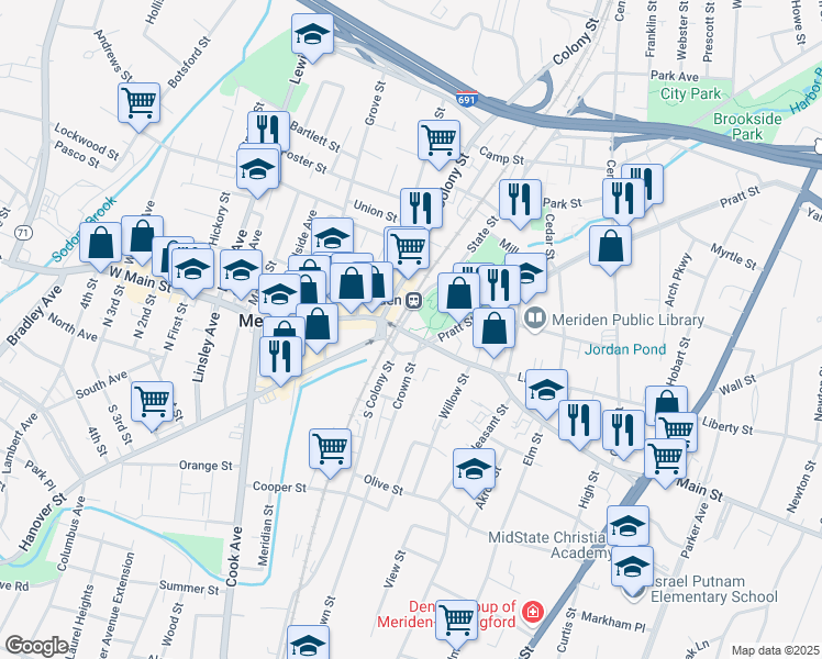 map of restaurants, bars, coffee shops, grocery stores, and more near 30 E Main St in Meriden