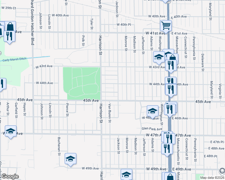 map of restaurants, bars, coffee shops, grocery stores, and more near 656 West 44th Place in Gary