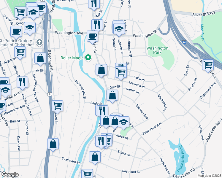 map of restaurants, bars, coffee shops, grocery stores, and more near 9 Piedmont Street in Waterbury