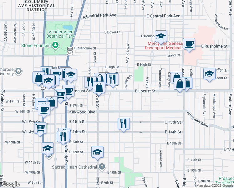 map of restaurants, bars, coffee shops, grocery stores, and more near 1818 Farnam Street in Davenport