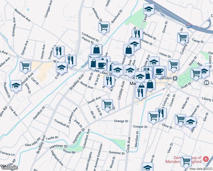 map of restaurants, bars, coffee shops, grocery stores, and more near 46 North 2nd Street in Meriden