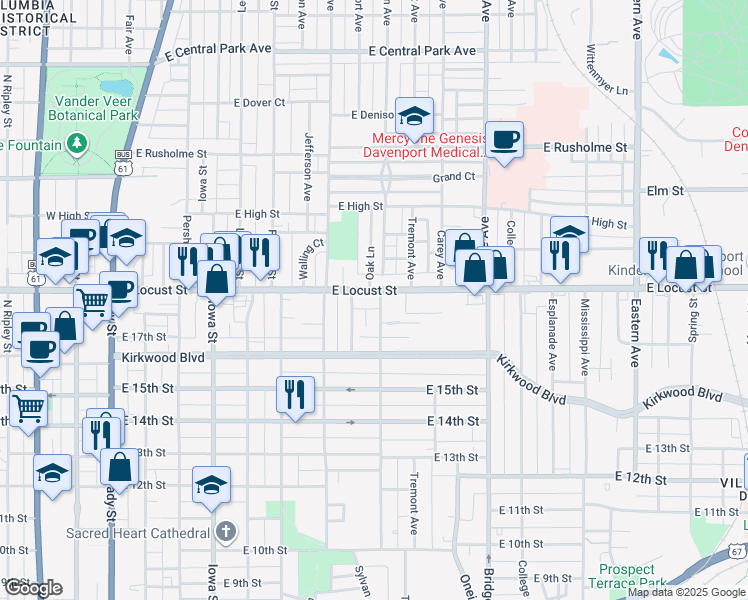 map of restaurants, bars, coffee shops, grocery stores, and more near 815 East Locust Street in Davenport