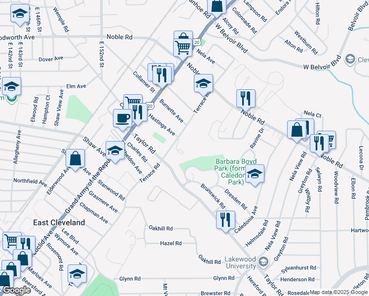 map of restaurants, bars, coffee shops, grocery stores, and more near 15704 Terrace Road in East Cleveland