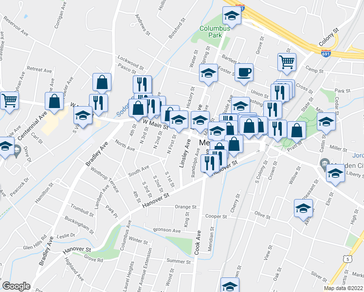 map of restaurants, bars, coffee shops, grocery stores, and more near 27 Linsley Avenue in Meriden