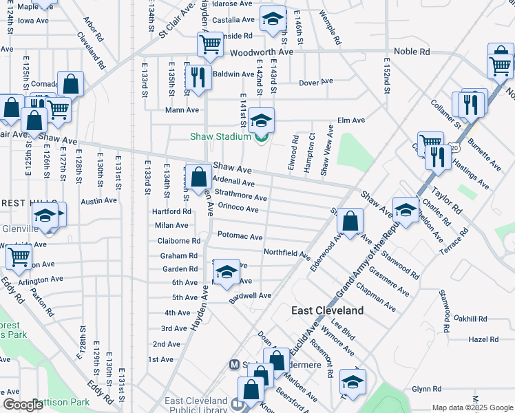 map of restaurants, bars, coffee shops, grocery stores, and more near 14209 Orinoco Avenue in East Cleveland