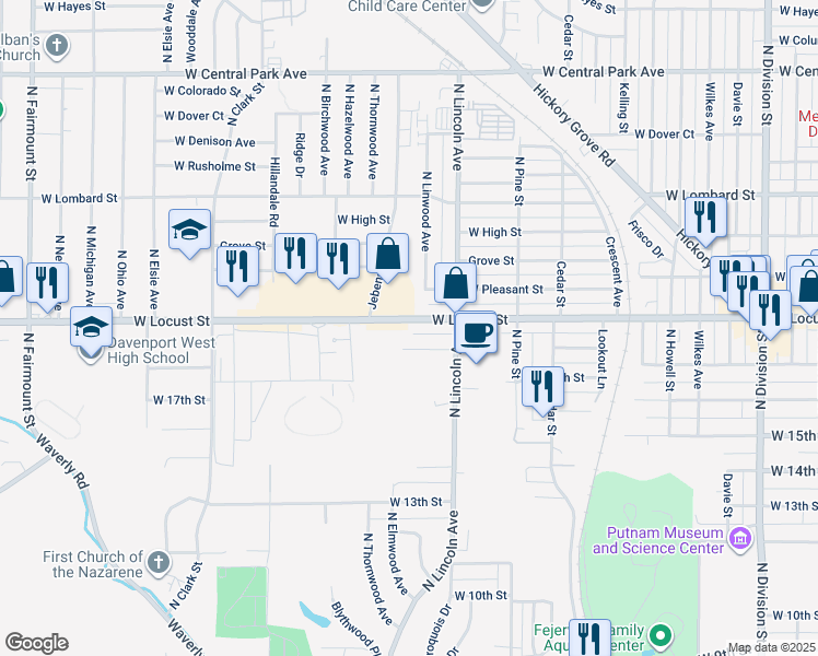 map of restaurants, bars, coffee shops, grocery stores, and more near 2515 Locust Street in Davenport