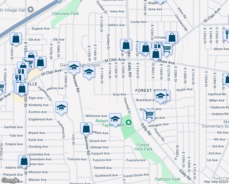 map of restaurants, bars, coffee shops, grocery stores, and more near 702 East 118th Street in Cleveland
