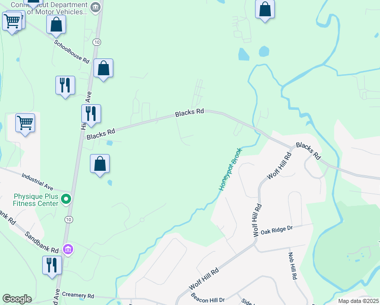 map of restaurants, bars, coffee shops, grocery stores, and more near 185 Blacks Road in Cheshire