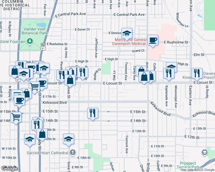 map of restaurants, bars, coffee shops, grocery stores, and more near 1822 Davenport Avenue in Davenport