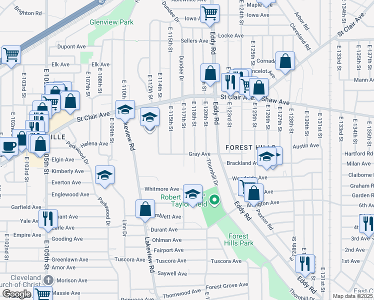 map of restaurants, bars, coffee shops, grocery stores, and more near 711 East 117th Street in Cleveland