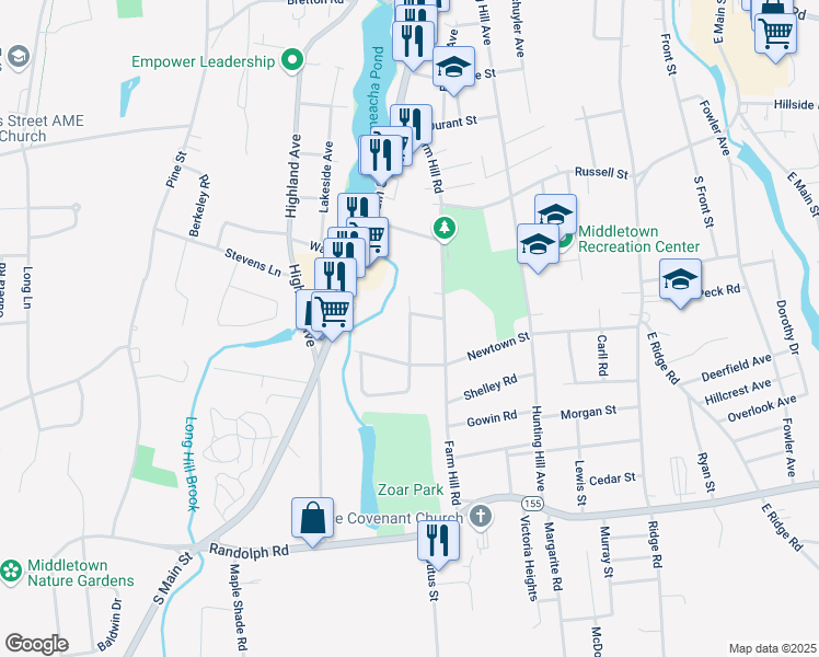 map of restaurants, bars, coffee shops, grocery stores, and more near 70 Bielefield Road in Middletown