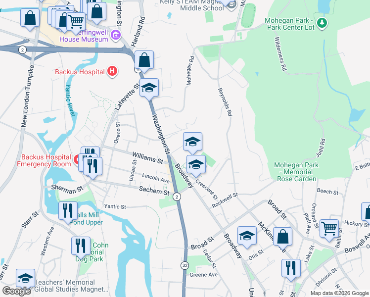 map of restaurants, bars, coffee shops, grocery stores, and more near 25 Carroll Avenue in Norwich