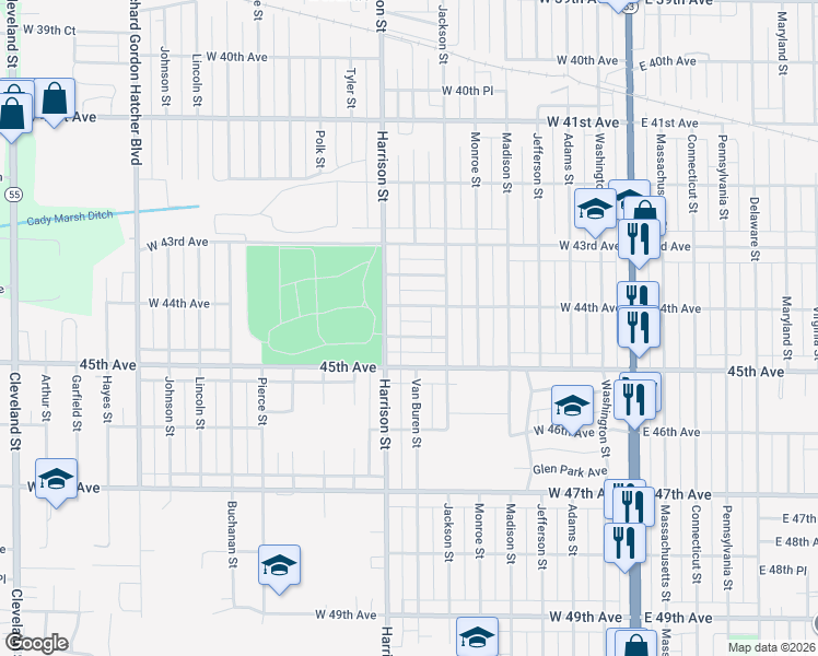 map of restaurants, bars, coffee shops, grocery stores, and more near 656 W 44th Pl in Gary