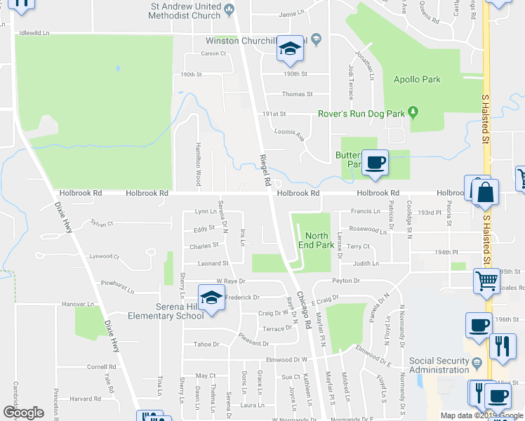 map of restaurants, bars, coffee shops, grocery stores, and more near 371 Diane Lane in Chicago Heights