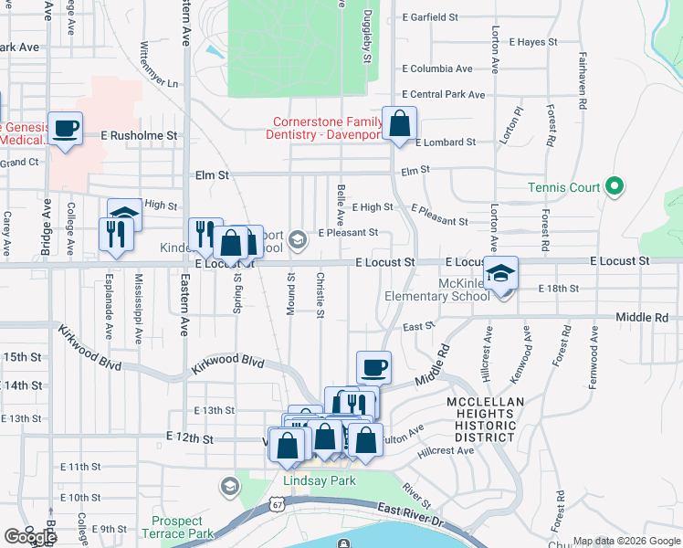 map of restaurants, bars, coffee shops, grocery stores, and more near 1816 Belle Avenue in Davenport