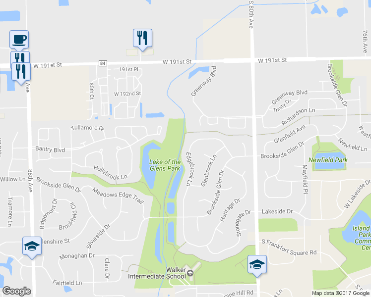map of restaurants, bars, coffee shops, grocery stores, and more near 19400 Edgebrook Lane in Tinley Park