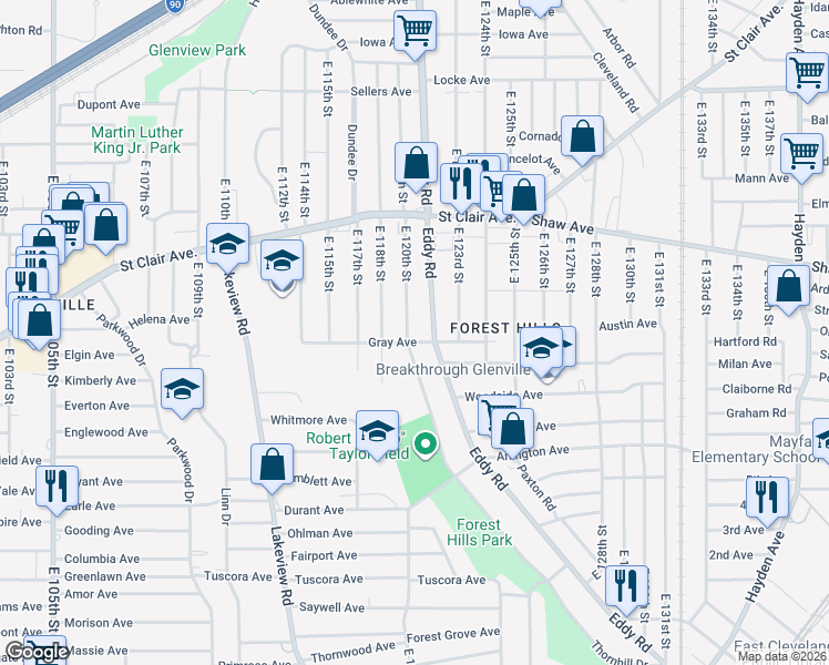 map of restaurants, bars, coffee shops, grocery stores, and more near 701 East 120th Street in Cleveland