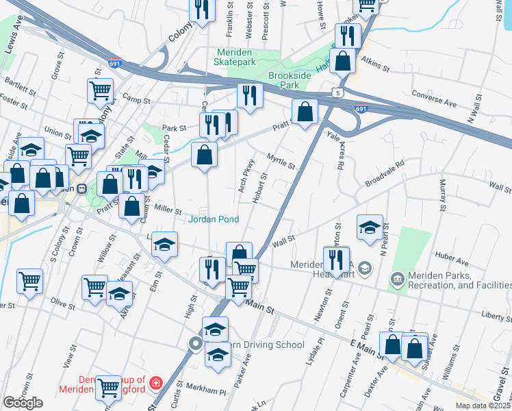 map of restaurants, bars, coffee shops, grocery stores, and more near 91 Hobart St in Meriden