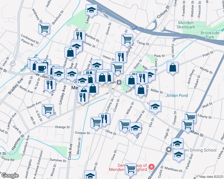 map of restaurants, bars, coffee shops, grocery stores, and more near 18 East Main Street in Meriden