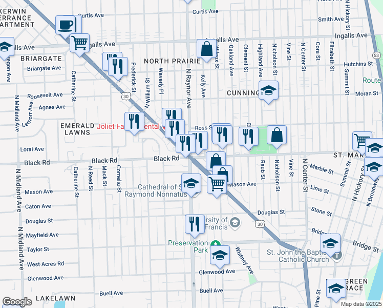 map of restaurants, bars, coffee shops, grocery stores, and more near 799 Ruby Street in Joliet