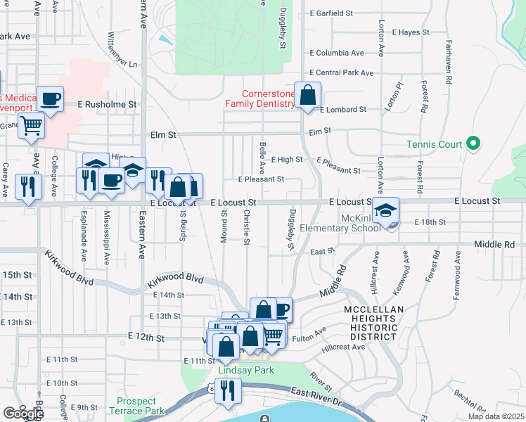 map of restaurants, bars, coffee shops, grocery stores, and more near 1816 Belle Avenue in Davenport